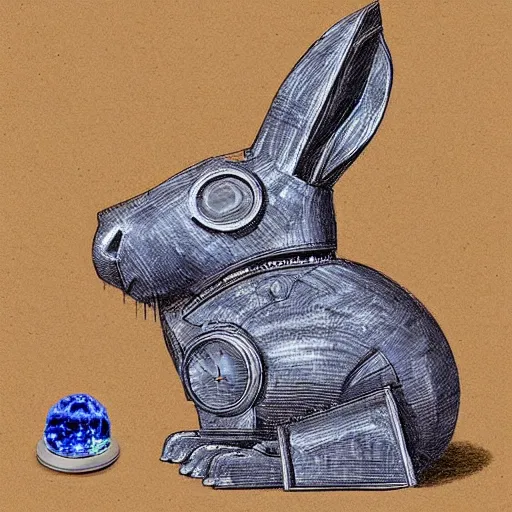 Prompt: mechanical rabbit with a crystal in his chest, steampunk design, made of woods, the rabbit is gray and the crystal inside is blue, by Leonardo da Vinci, drawn projects on paper, instructions to build it