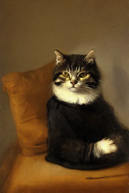 Prompt: An oil painting by Rembrandt of a cat with a president suit