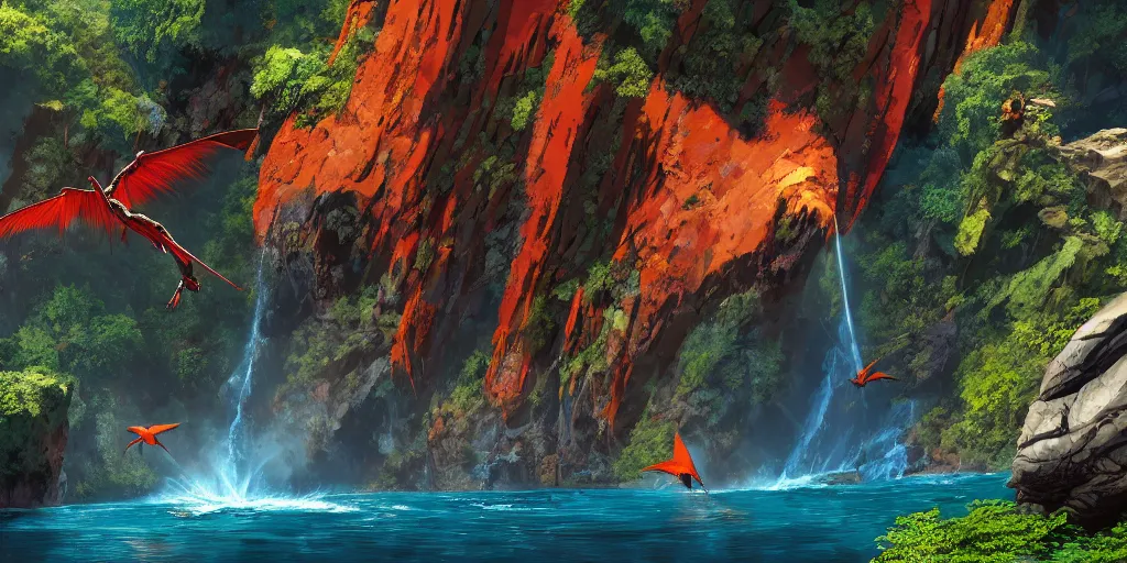 Image similar to wide angle view of swooping ((orange red cerulean indigo)) pterodactyl, over a deep canyon, mountainous jungle setting, trees, waterfall, river, rocks, dramatic lighting, highly detailed, artstation, unreal engine, matte painting in the style of craig mullins, Uncharted 4, fish eye lens, 8k HDR