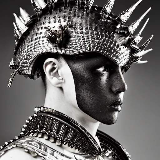 Prompt: a portrait of a beautiful young male wearing an alexander mcqueen armor made of piercings, photographed by andrew thomas huang, artistic