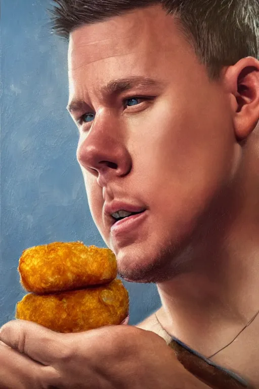 Image similar to channing tatum in a tater tot costume, oil on canvas, intricate, portrait, 8 k highly professionally detailed, hdr, cgsociety