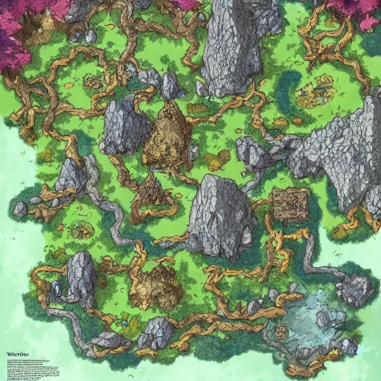 Prompt: full - color fantasy game map of a woodland clearing, battle map, grid, made with dungeondraft, d & d, pathfinder, by jeff todd and greg rutkowski, trending on artstation, pinterest