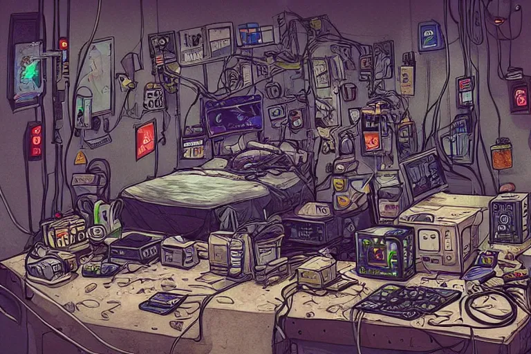 Prompt: a highly detailed illustration of a messy gamer's bedroom, tangled wires, dim lights, messy bed, a sink, cyberpunk, dystopian,