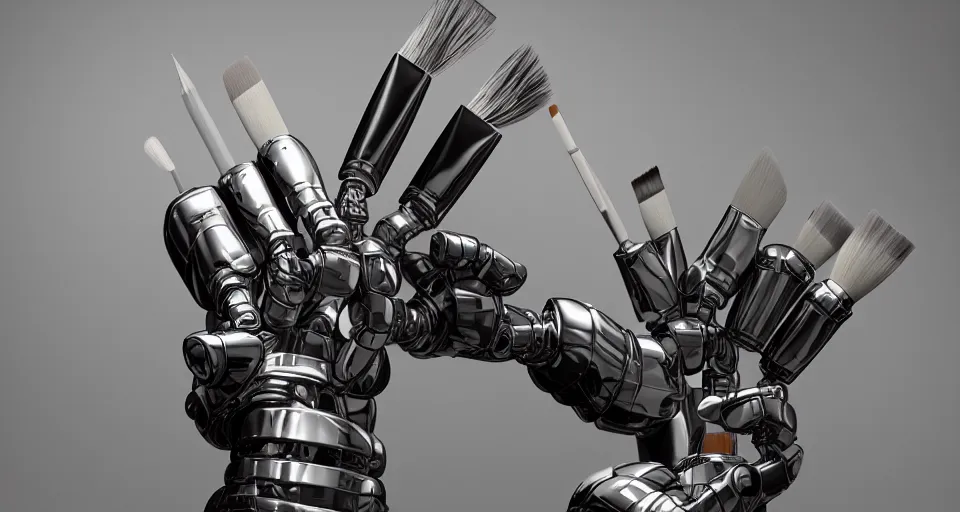 Prompt: a robot hand holding a paintbrush, cinematic, studio lighting, 4k, hyper detailed, realistic