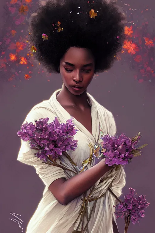 Image similar to ultra realistic illustration, beautiful swahili girl with flowers blossoming from her afro, in low v neck dress, snowy, elegant, highly detailed, digital painting, concept art, smooth, sharp focus, illustration, art by artgerm and greg rutkowski and alphonse mucha