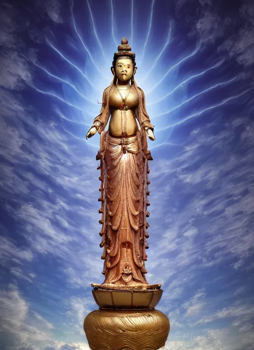 Image similar to guanyin stand on big loutus, a godness of the southern seas, a realistic setting with muted colors, visual novel cover, by yoshitaka amano, zeng fanzhi, jane hamilton, tiffany studios, sunrays shine uponit, frostbite 3 engine, cryengine, dof, trending on artstation, digital art, fantasy detailed background