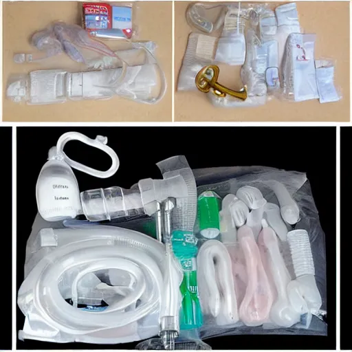 Image similar to saxophone made out of clear tubing, syringes, urine collection bag, iv pole, fluid bag, nebulizer equipment, bag - valve mask, defibrillator, coban