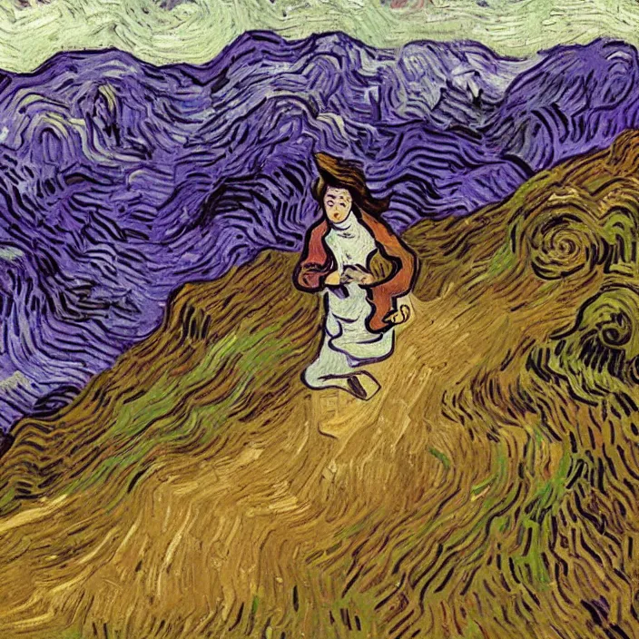 Image similar to woman with brown hair running up a hill, purple colors, painting by van gogh