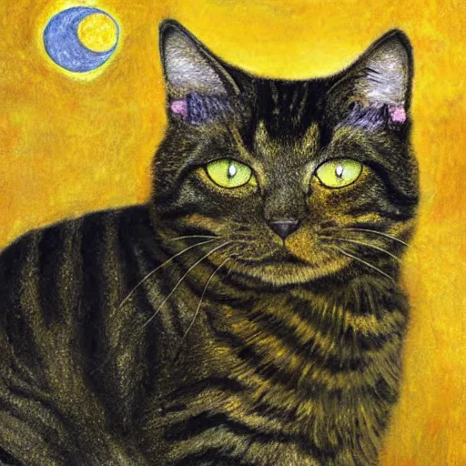 Prompt: portrait of a very fluffy dark tabby cat with green eyes, looking at the moon, full body, smiling cat, golden colors, flowers, canned cat food, intricate, elegant, highly detailed, smooth, sharp focus, illustration, art by gustav klimt