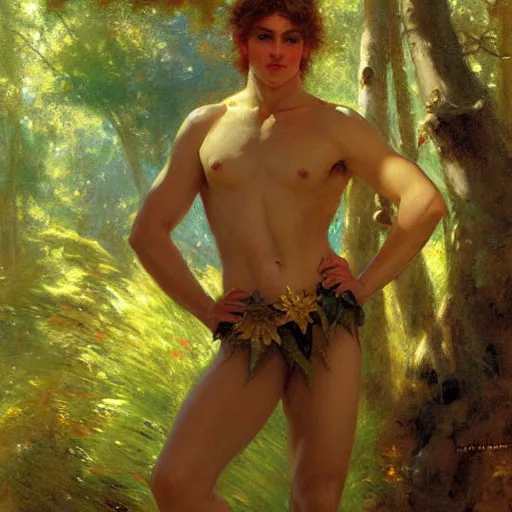 Image similar to attractive male fairy in the forest posing. highly detailed painting by gaston bussiere, craig mullins, j. c. leyendecker, 8 k