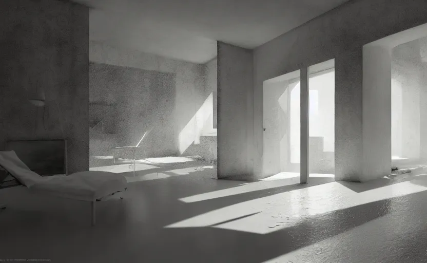Prompt: painting of a white architecture by peter zumthor painted by greg ruthkowski and craig mullins, cinematic and atmospheric lighting, archviz, archdaily, vray, render