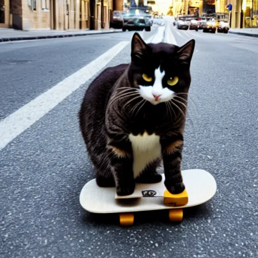 Prompt: cat riding a skateboard in street
