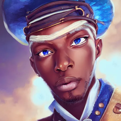 Image similar to african american man with blue eyes, blonde hair, blue horns, wearing steampunk attire, highly detailed, digital painting, artstation, matte, by makoto shinkai, animation style