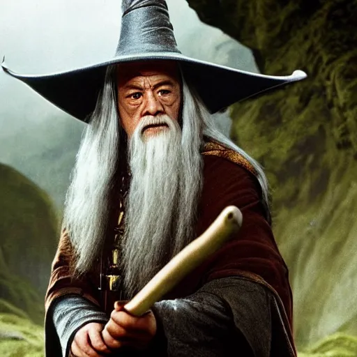 Image similar to a still from “ lord of the rings ” of a head and shoulders portrait of fei lung as a gandalf the wizard with a hat and a wooden staff, photo by phil noto