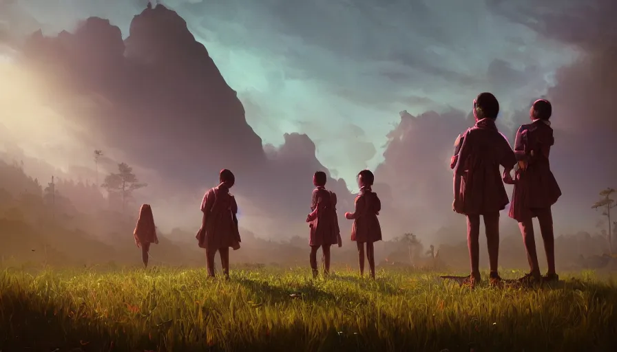 Prompt: kerala school kids wearing gender neutral uniform, an epic fantasy, dramatic lighting, cinematic, establishing shot, extremely high detail, photorealistic, cinematic lighting, artstation, matte painting by simon stalenhag, horizon forbidden west