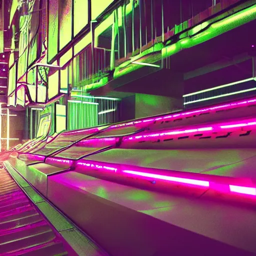 Prompt: cyberpunk escalator, panels, neon, cables