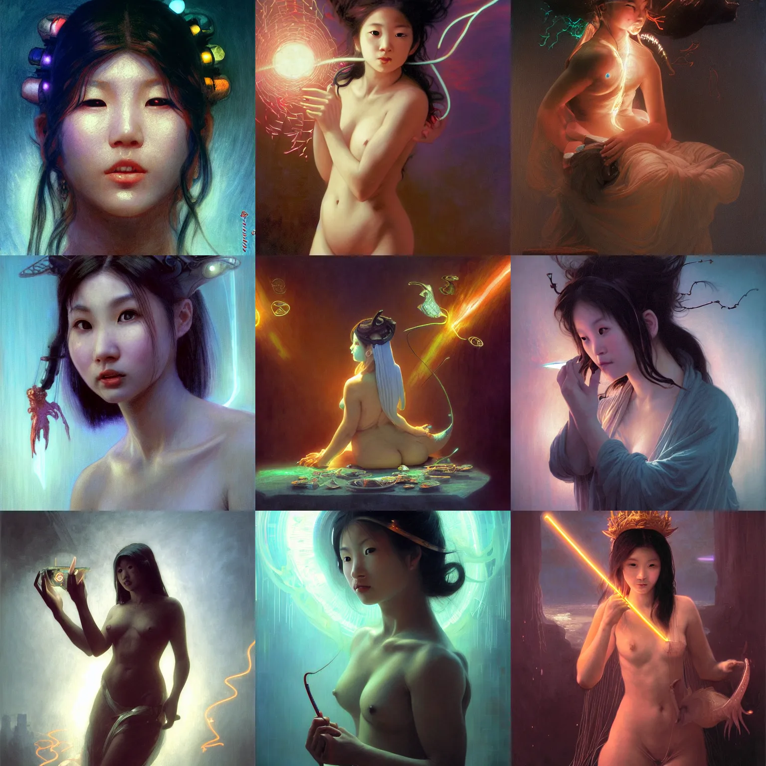 Prompt: awe-inspiring award-winning concept art painting of attractive anglerfish Ashley Liao in neon shrouds as the goddess of lasers, sparks, by Michael Whelan, William Adolphe Bouguereau, John Williams Waterhouse, and Donato Giancola, cyberpunk, extremely moody lighting, glowing light and shadow, atmospheric, shadowy, cinematic, 8K,