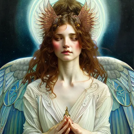 Image similar to Portrait of an angel girl with glowing halo and highly detailed intricate wings, art nouveau, fantasy, intricate, elegant, highly detailed, digital painting, artstation, concept art, smooth, sharp focus, illustration, art by Krenz Cushart and Artem Demura and alphonse mucha