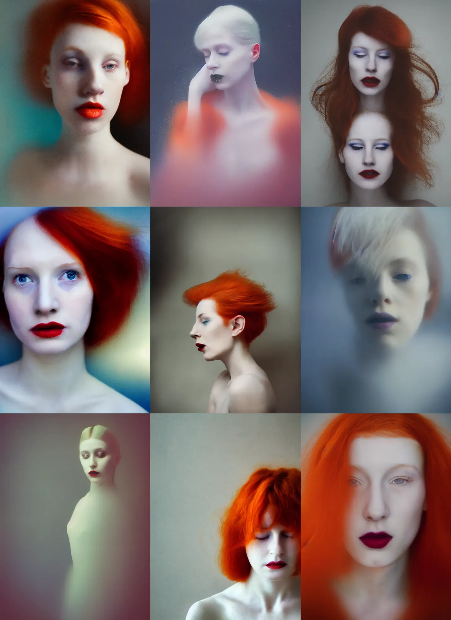 Prompt: out of focus photorealistic portrait of a beautiful aesthetic pale young woman by sarah moon, orange hair, azure lipstick, very blurry, motion blur, translucent white skin, closed eyes, foggy