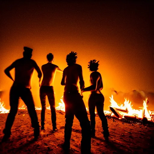 Image similar to photograph of three ravers photographed from behind, talking around a fire, photorealistic, dancefloor kismet, diverse costumes, clean composition, desert transition area, bonfire, night, australian desert, xf iq 4, symmetry, sony a 7 r, 1 5 0 mp, 5 0 mm