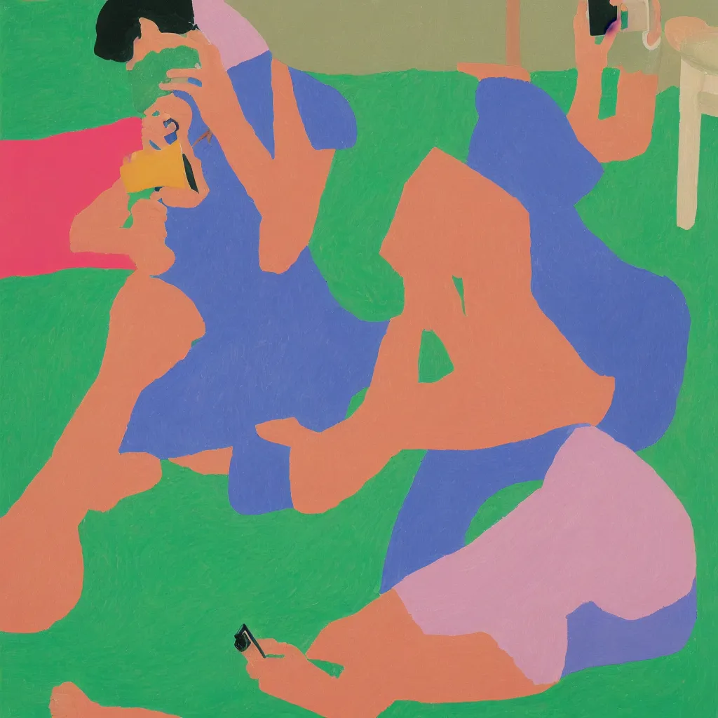 Prompt: i, a young man playing her iphone, by david hockney