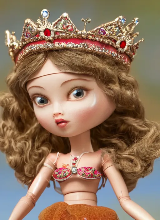 Image similar to closeup profile portrait of tin toy fairytale princess wearing a crown, bikini, depth of field, zeiss lens, detailed, symmetrical, centered, fashion photoshoot, by nicoletta ceccoli, mark ryden, lostfish, breathtaking, 8 k resolution, extremely detailed, beautiful, establishing shot, artistic, hyperrealistic, octane render