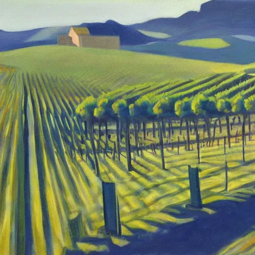 Image similar to dreaming futuristic csaterberg vineyards, painted by Alex Katz and Edward Hopper, airbrush, highly detailed