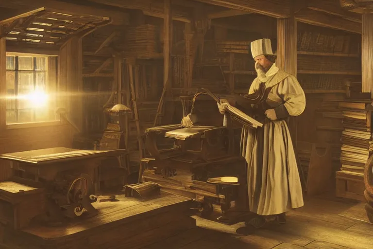 Image similar to still photo of johannes gutenberg inventing the printing press, highly detailed, photorealistic shot, bright studio setting, studio lighting, crisp quality and light reflections, unreal engine 5 quality render