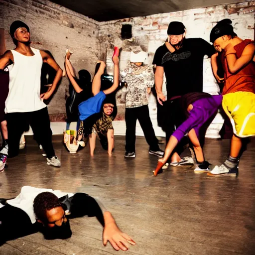 Image similar to old school breakdance party with old vibe and atmospheric environment, cypher with dancers in middle and people around them, photorealistic, fun, old school locking clothes, rock dance clothes