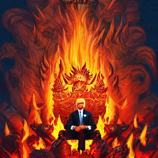 Image similar to Joe Biden sitting on a throne of skulls surrounded by fire, digital painting, highly detailed, trending on Artstation