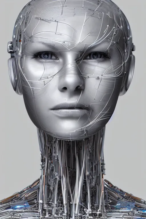 Image similar to robot with human face, female head, full body angle, woman human face, human face realistic, beautiful blonde hair, human head, human head with blonde hair, blonde hair human head, blonde hair, human realistic face, human head skin, cyborg frame concept, cyborg by ales-kotnik, sci-fi android female, the body is made of wires, robotic body, cyborg body, cyborg bust body, robot body cyborg, full body