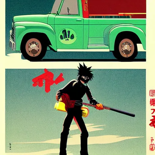 Image similar to a japanese print of « clint eastwood » gorillaz album cover, green pickup car, art by akira toriyama - ralph mc quarrie - jamie hewlett