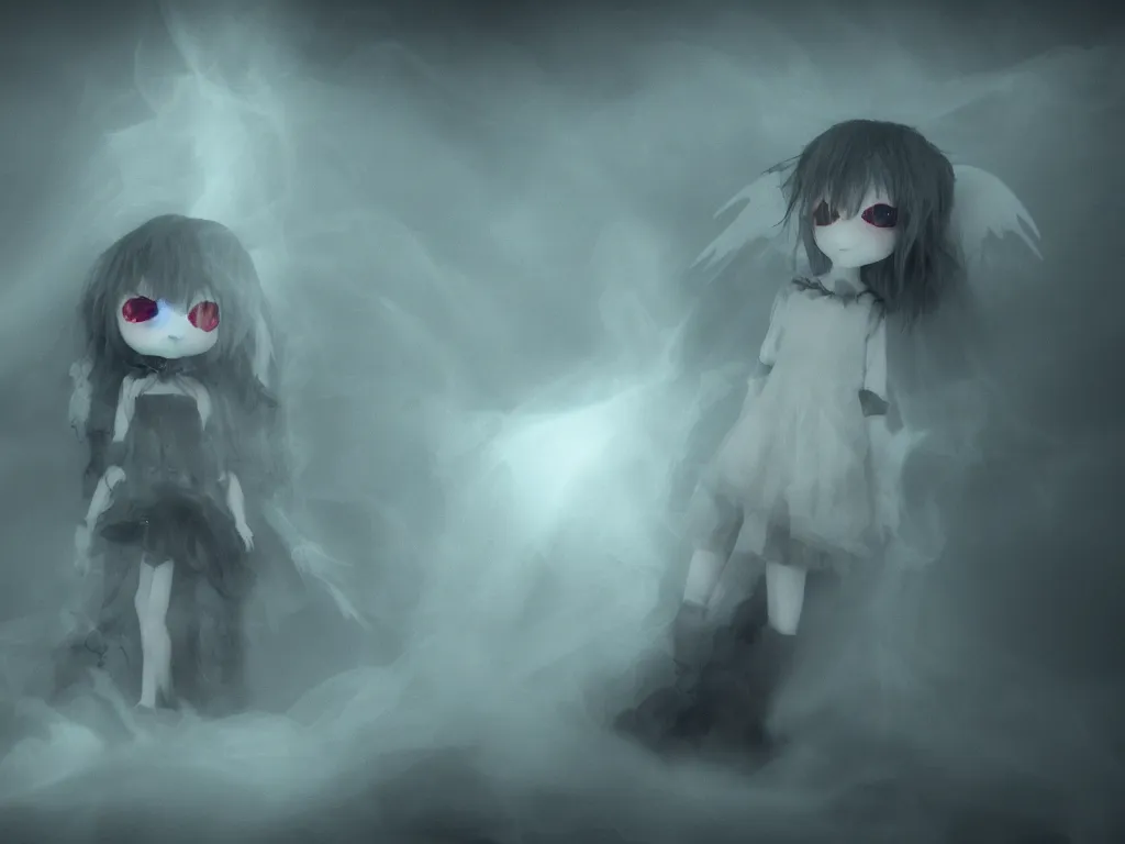 Image similar to cute fumo plush girl ghost in the haze of the murky river, smoke and volumetric fog, tattered gothic horror maiden, fallen angel, green lens flare, light shafts, light and shadow, vray