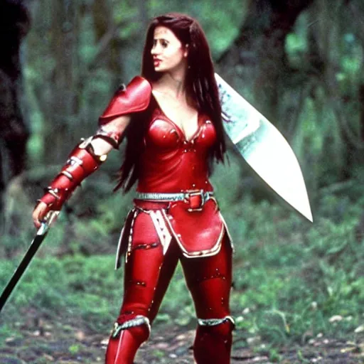 Prompt: an amazon with a sword and red armour, 1 9 8 9 movie still