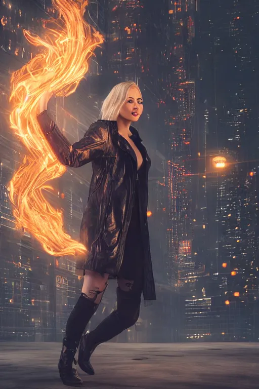 Image similar to wonderful young blonde woman with flames dancing on her hands with a long jacket in a cyberpunk city, realistic, high definition, detailed and realistic face, detailed and realistic hands, expressive eyes, 4 k, shimmering color, epic digital art