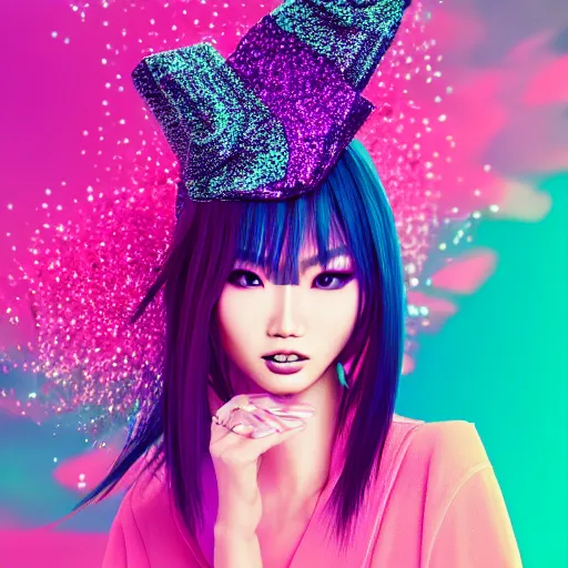 Image similar to japanese model with maximalist hair style and makeup, bright colors, fashion model, portrait shot, glitter, depth of field, 8 k, hyper detailed, intricate, trending on artstation