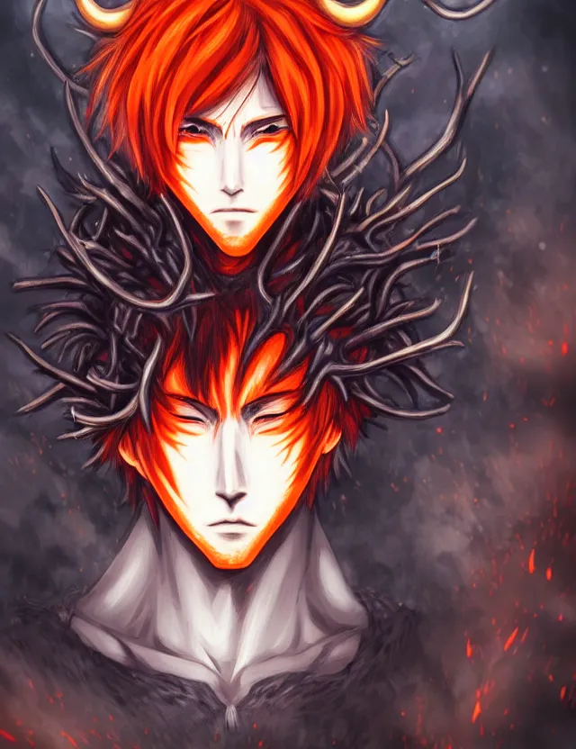 Image similar to a detailed manga portrait of a pitch black demon boy with dark antlers and crimson hair and glowing orange eyes, trending on artstation, digital art, 4 k resolution, detailed, high quality, sharp focus, hq artwork, coherent, insane detail, character portrait