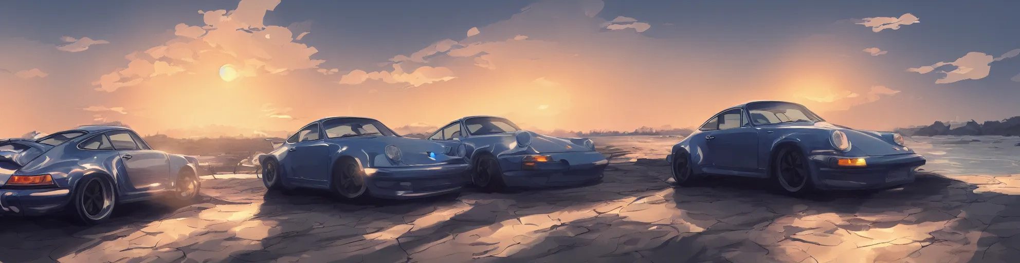 Prompt: beautiful, detailed digital painting of a porsche 9 1 1 looking at the sunset, anime by makoto shinkai, sand, waves, trending on artstation