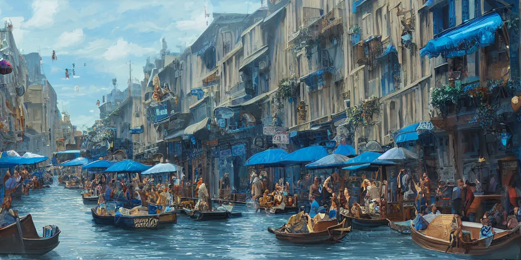 Image similar to a busy fantasy street day market from within a fascinating old city, water streets with gold and blue accented boats by sylvain sarrailh, by sebastian luca, by nicodemus yang - mattisson, cinematic, simple but effective composition, clean lines, beautiful digital painting, oil painting, dungeons and dragons, lord of the rings