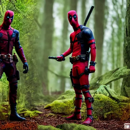 Image similar to deadpool and groot in the woods playing digital art 4 k detailed