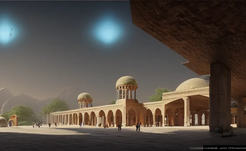 Image similar to exterior shot of utopian train station on in the middle of an ancient persian temple hill with cinematic lighting by peter zumthor and renzo piano, darek zabrocki and greg ruthkowski, simon stalenhag, cinematic, holy place, paradise, scifi, futurism, atmospheric, concept art, artstation, trending on artstation