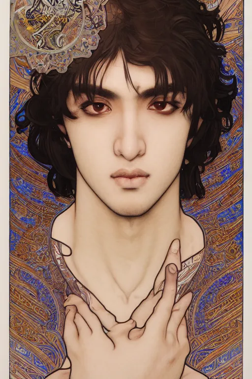 Prompt: beautiful medium shot portrait of a young arabic man inspired by ayami kojima with short hair dressed with a white t - shirt looking into the camera from three - quarters, white background white bank studio light, art by yoshitaka amano, alfons mucha and shingo tamagawa, 8 k