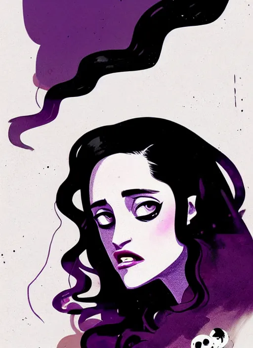 Image similar to highly detailed closeup portrait of beautiful carly chaikin as darlene alderson, wavy black hair, by atey ghailan, by greg rutkowski, by greg tocchini, by james gilleard, by joe fenton, by kaethe butcher, gradient purple, black and white color scheme, grunge aesthetic!!! ( ( graffiti tag wall background ) )