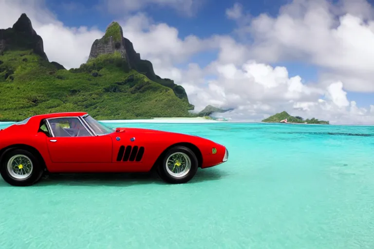 Image similar to cinematography of Ferrari 250 GTO series 2 in bora bora by Emmanuel Lubezki