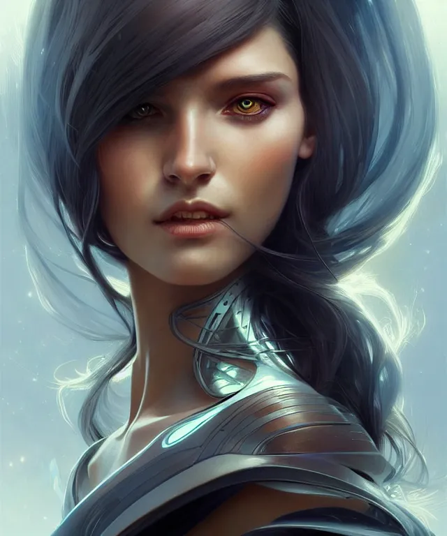 Image similar to futuristic young woman portrait, sci-fi, amber eyes, face, long hair, fantasy, intricate, elegant, highly detailed, digital painting, artstation, concept art, smooth, sharp focus, illustration, art by artgerm and greg rutkowski and alphonse mucha