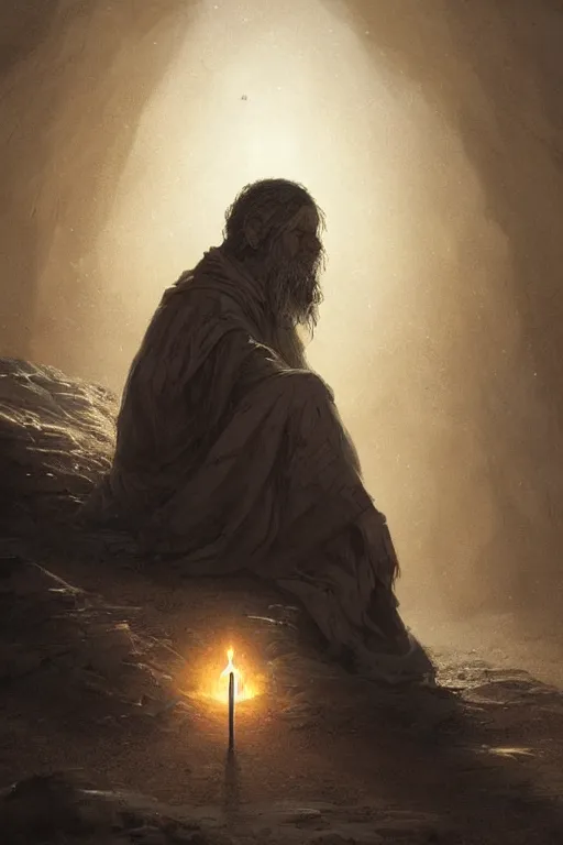 Image similar to lonely wanderer sitting at lap praying in desert, lit by the light of gods, abandoned by gods, hyperdetailed artstation cgsociety by greg rutkowski and by Gustave Dore