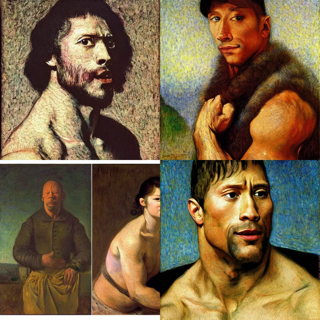 Prompt: Dwayne the rock Johnson by James Gurney by Leonardo da Vinci by Vermeer by Rembrandt by Jean-Antoine Watteau by Eugene Delacroix by Claude Monet by Georges Seurat by Vincent van Gogh by Edvard Munch