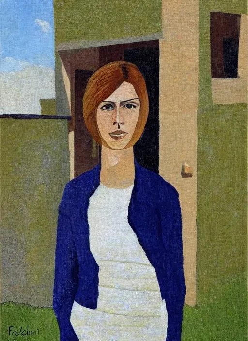 Image similar to a painted portrait of a confident women standing outside, art by felice casorati, aesthetically pleasing and harmonious natural colors, expressionism, natural light, fine day, portrait