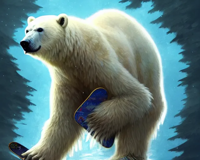 Prompt: a friendly polar bear from final fantasy, holding a snowboard, deep focus, d & d, fantasy, intricate, elegant, highly detailed, digital painting, artstation, concept art, matte, sharp focus, illustration, hearthstone, art by artgerm and greg rutkowski and alphonse mucha