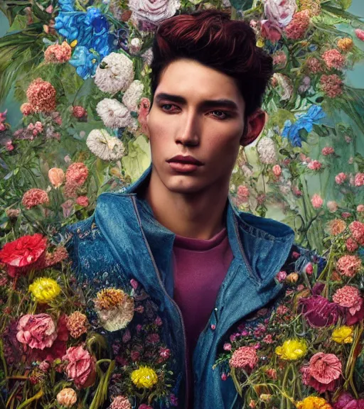 Image similar to portrait of a peruvian male model, surrounded by flowers by karol bak, james jean, tom bagshaw, rococo, trending on artstation, cinematic lighting, hyper realism, octane render, 8 k, hyper detailed.